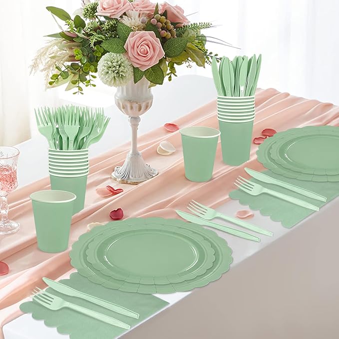 144Pcs Sage Green Party Supplies Sage Green Tableware Set Serve 24 Guests Includes Paper Plates Napkins Cups for Birthday Wedding Baby Shower Party Decorations