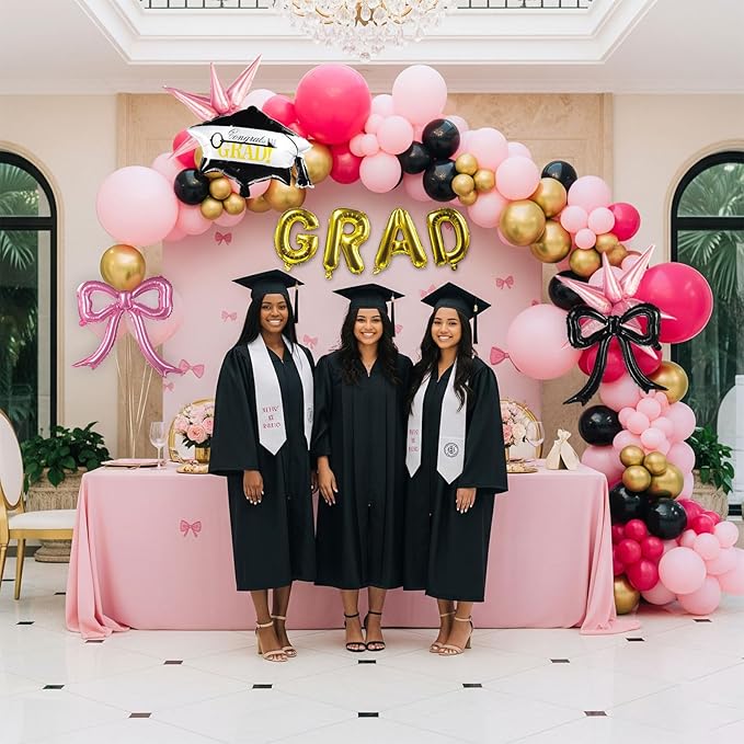 Pink and Black Balloon Garland Arch Kit Include Bow balloons grad letter balloons for 2025 Graduation Birthday Wedding Baby Shower Anniversary Bachelorette Bridal Party Decorations