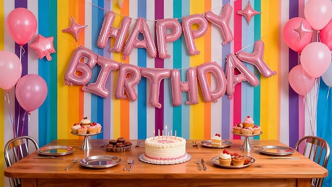 Pink Happy Birthday Banner Balloon Aluminum Foil 16 Inch Letter,Bright Pink 10 Inch Five Pointed Star Four Pointed Star Suitable for Kids, Men, Women, Boys and Girls Party Decoration Supplies