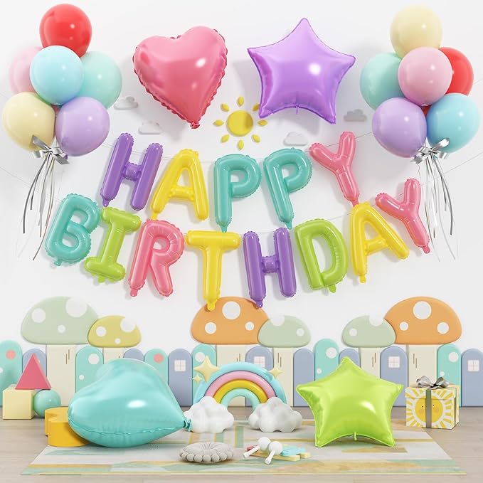 29PC Pastel Rainbow Happy Birthday Balloon Banner,16 Inch Foil Letters Letter Banner Sign, Macaron Colorful Latex Balloons 18 Inch Star Heart Foil Balloon for Women Girls Party Decor