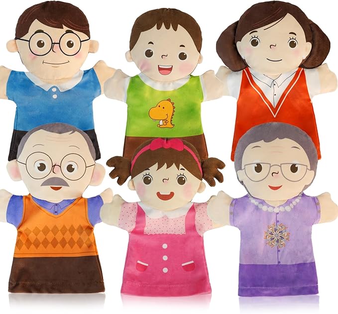 6 Pcs Family Hand Puppets for Kids 9.8 Inch Family Members Puppet Set Mom, Dad, Grandparents, Brother, Sister Soft Plush Hand Puppet Theater Plush Toys for Toddlers Ages 1-3, 4-8 Story Role Play