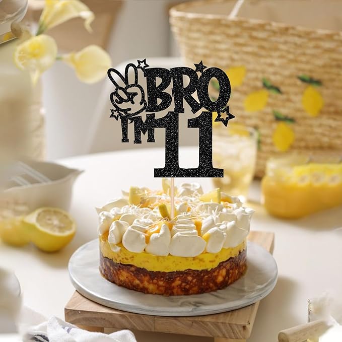 1 PCS Brother I'm 11 Cake Topper Glitter Star Happy 11th Birthday Cake Pick Bro I'm 11 Cake Decoration It's My 11th Birthday Decorations for Boys Cheers to 11 Years Old Birthday Party Supplies Black