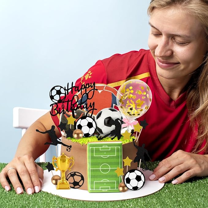 Hooqict 28Pcs Soccer Cake Decorations Set with Mini Balls, Players, Goal, Balloon, Soccer Ball Cake Toppers & Cupcake Toppers for Kids Boys Men Sports Themed Birthday Party Decorations Supplies
