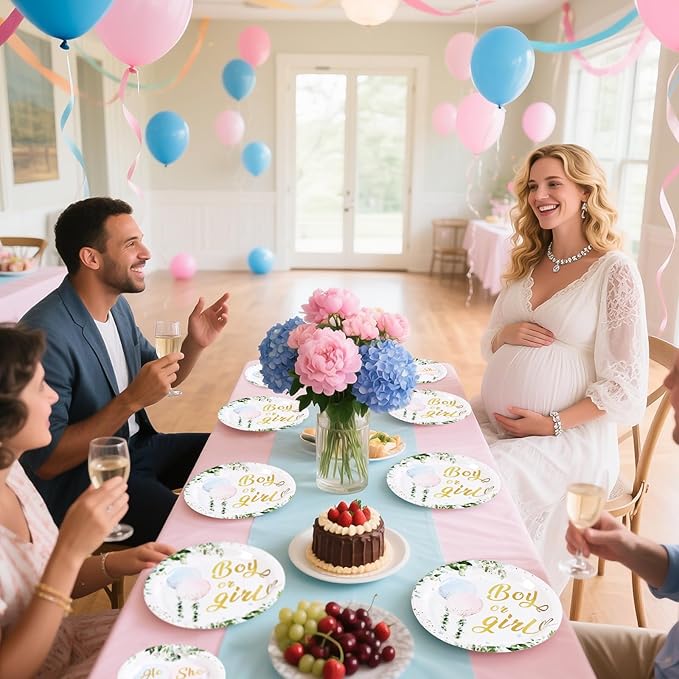 Grencian 96 Pcs Baby Gender Reveal Party Supplies Balloon Baby Shower Plates and Napkins Tableware Set He or She Gender Reveal Party Decorations for Boy or Girl Birthday Baby Shower Party Serves 24