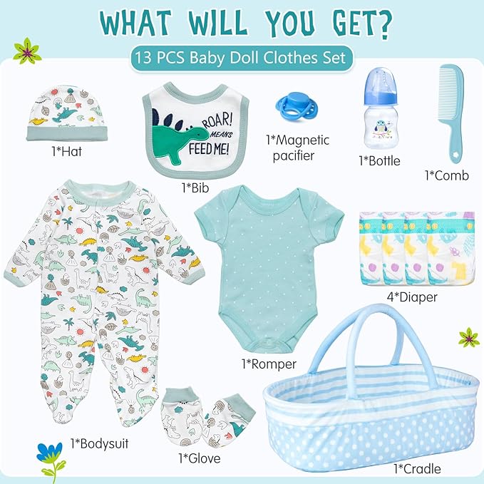 Reborn Baby Dolls Clothes Boy Blue Dinosaur Theme Accessories 13 Pcs Outfit Set for 17-22 Inch Newborn Baby Doll Boy with Blue Dot Bassinet