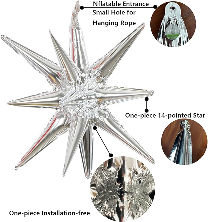 6 Pcs Silver Star Foil Balloons One-Piece 14-Pointed Star Balloon 4D Cone Mylar 22inch Christmas Birthday Wedding Fireworks Shape Party Supplies (Silver)