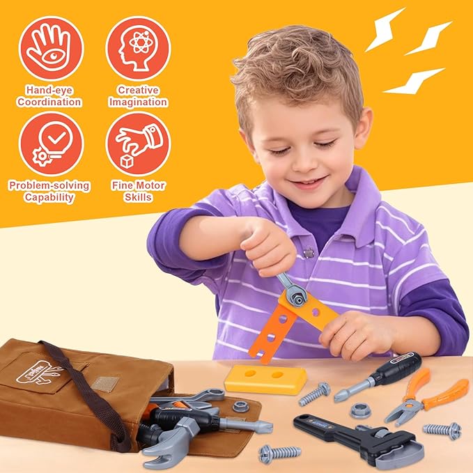 Kids Tool Set,MAGIC4U Toddler Tool Set with Tool Bag,11 Tools Equipements,Pretend Play Construction Kits for Kids Age 3-6 Years Old,Toddler Boy Toys
