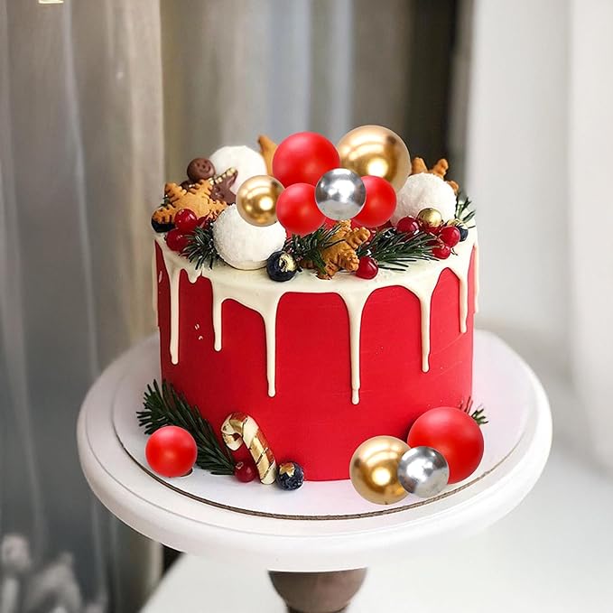 Gyufise 30Pcs Christmas Mini Balloon Cake Topper Foam Ball Cake Picks Cupcake Faux Pearl Balls DIY Cake Insert Topper Decoration for Christmas Graduation Birthday Party Red Gold Silver