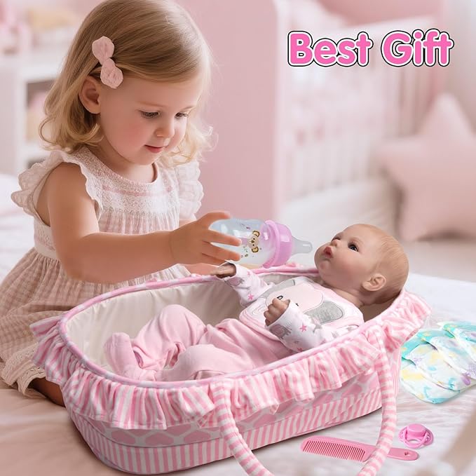 Reborn Baby Doll Clothes 18-22 Inch Pink Elephant Newborn Reborn Baby Clothes with Bassinet 20 inch Doll Accessories 12 Pcs Outfits