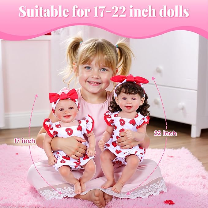 BABESIDE 3 Pcs Reborn Baby Doll Clothes for 17-22 Inch Dolls, Baby Doll Outfit Accessories with Heart Pattern fit Babydolls Girl , Red