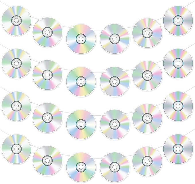 CHUNNIN 4pcs 90's Party Decorations CD Paper Banners Retro 90s Theme Disco Mix CD Hanging Garlands 1990s Music Party Wall Decor Sign Cutouts for 1990s 2000s Birthday Baby Shower Party Supplies Favors