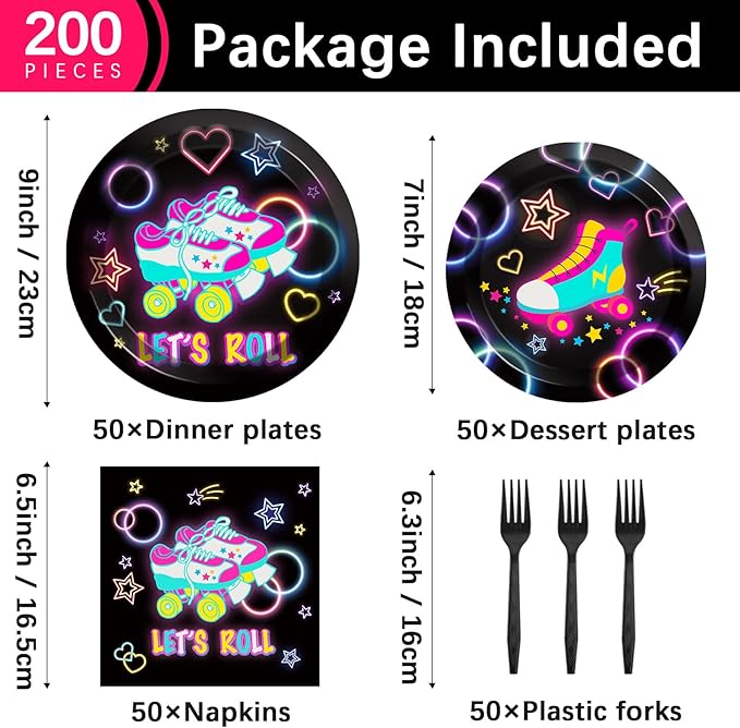 50 Guests Roller Skating Plates and Napkins Party Supplies Retro Roller Skate Party Decorations Disposable Tableware Set Let's Roll Dinnerware Favor for Boys Girls Teens Birthday, 200PCS