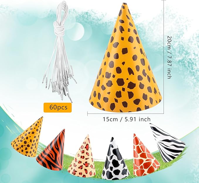 60 Pcs Jungle Party Cone Hats Leopard Print Paper Party Hats Safari Theme Birthday Party Cone Paper Hats for Kids Adults Jungle Animal Theme Party Supplies