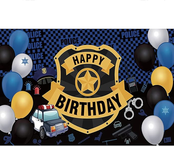 Police Birthday Party Supplies Police Party Decorations Include HAPPY BIRTHDAY Banner Balloons Cake Topper Cupcake Toppers Spirals Background Police Birthday Party Decorations