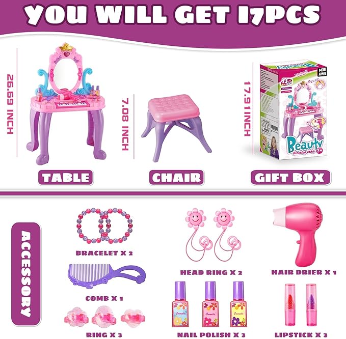 Vanity Makeup Table Toy for Kids, Toddler Girl Pretend Play Makeup Accessories- Princess Dress Up Set, Music Piano & Lights, Adjustable Mirror, Hairdryer, Mermaid Table & Chair Kit, Birthday Gift