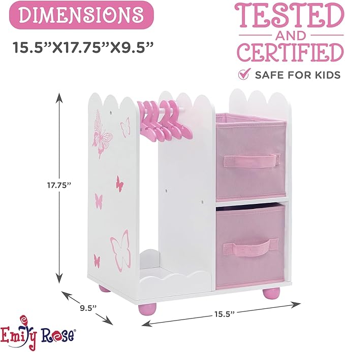 Emily Rose 18" Doll Open Wardrobe Closet - Butterfly Collection Storage Closet with 5 Hangers & 2 Large Fabric Bins | American Girl Compatible | USA Brand