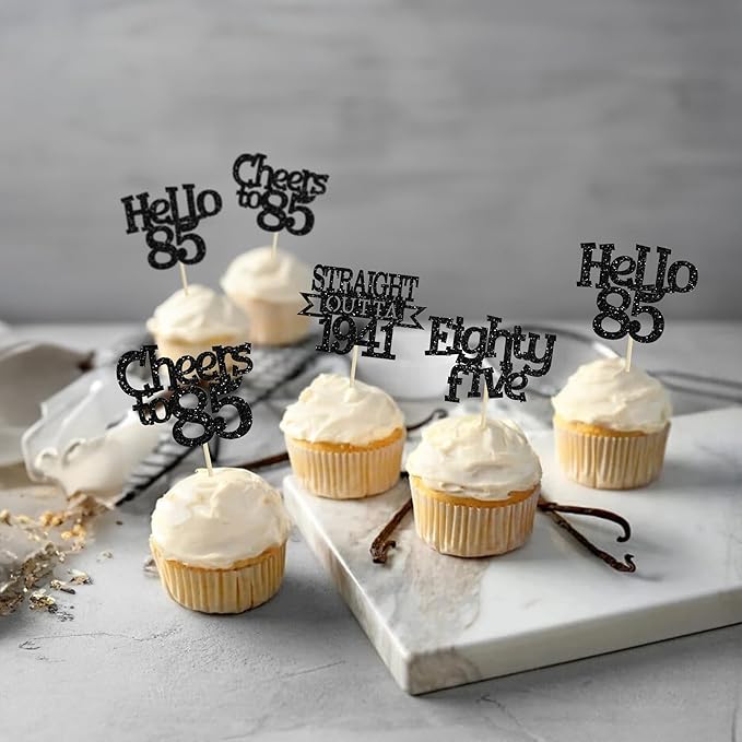 Ephlyn 24Pcs 85th Birthday Cupcake Toppers Glitter Straight Outta 1941 Cupcake Picks Hello 85 Cheers to 85 Years Cake Decorations for 85th Birthday Anniversary Party Decorations Supplies Black