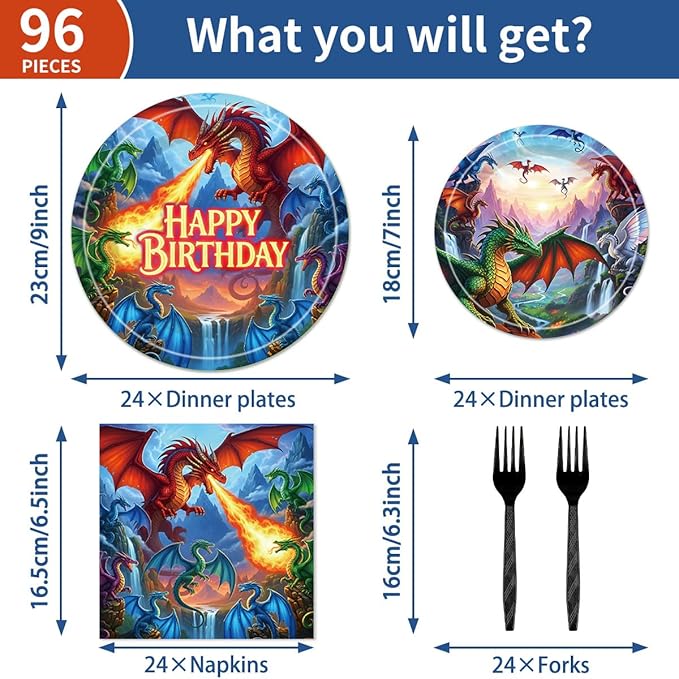 96Pcs Dragon Birthday Decorations Tableware Set - Dragon Happy Birthday Paper Plates Napkins Forks Magical Dragon Theme Party Supplies Serve 24 Guests