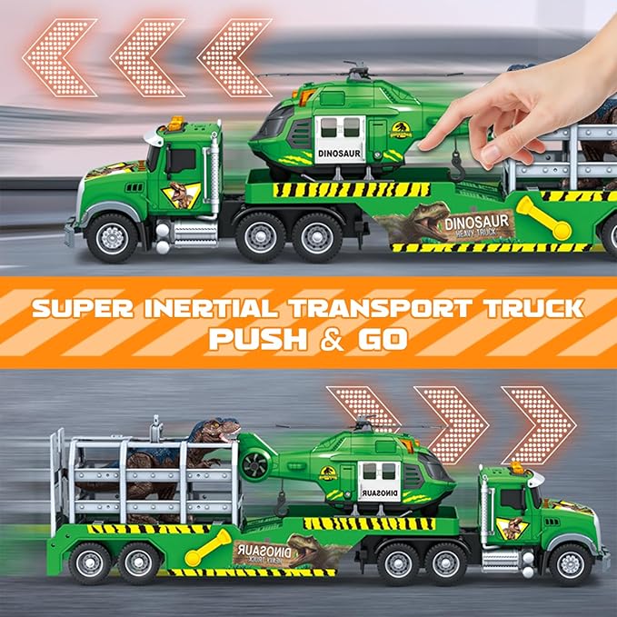 Carrier Dino Truck Kids Toys,21" Semi Truck Toy with Helicopter & Dinosaur Toy with Lights & Sounds,Large Friction Powered Vehicles for Toddlers Age 3 4 5 6 7,Christma Birthday Gifts for Boys Girls