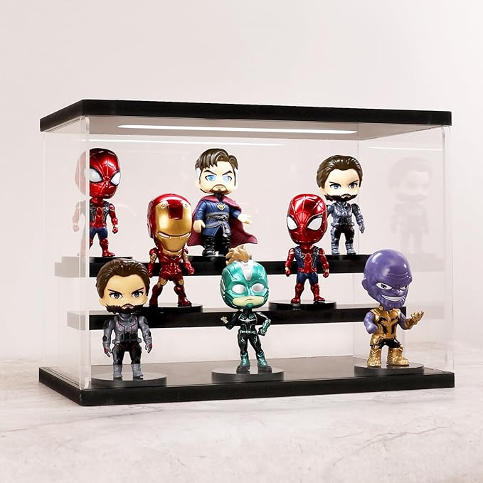 Clear Acrylic Display Case with Light , 3 Tier Display Box Stand Assembly Dustproof Protection Showcase for Collectibles Action Figures (Black 12.6×7×9in; 32×18×23cm)