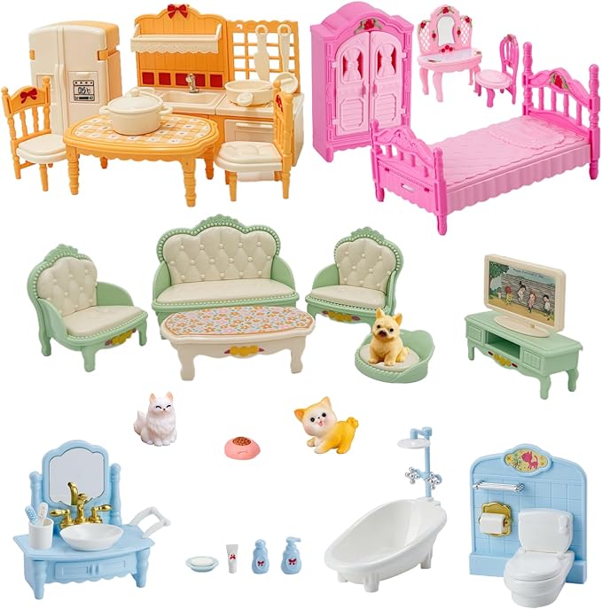 36Pcs Dollhouse Furniture Set,Miniature 1:12 Scale Dolls House Accessories with Cat,Dog,Kitchen, Dining Room, Living Room,Bedroom for Playhouse Toy(Multi-Color)
