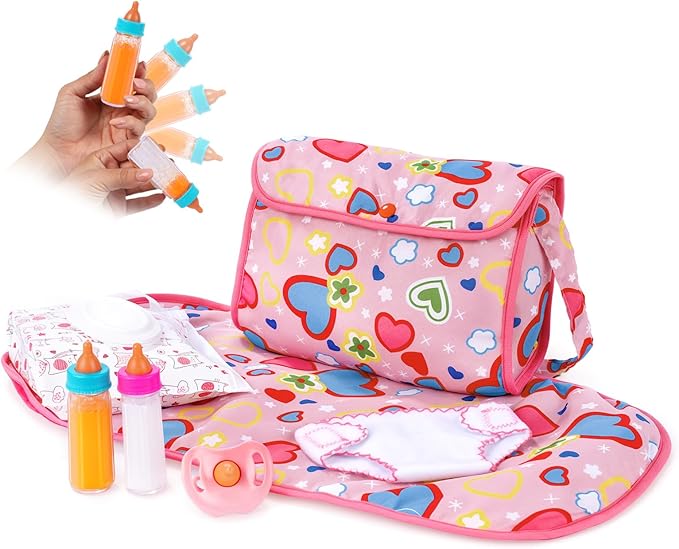 BABESIDE 8 Pcs Baby Diaper Bag Set with Magic Bottles, Baby Doll Accessories Includes Changing Mat, Diaper,Pacifier,Tissue Bag and Bottle with Disappearing Milk for 12-16 inches Dolls