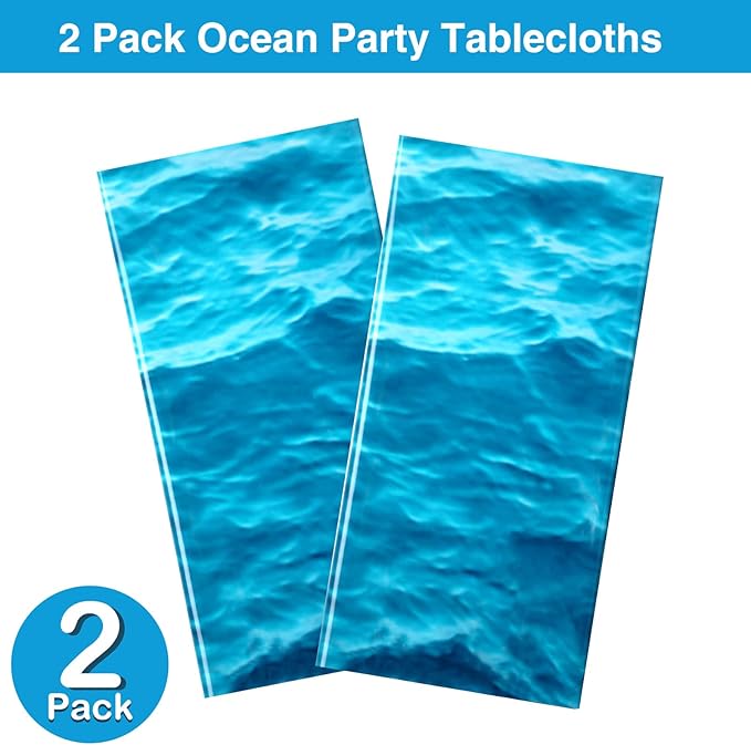 Irenare 2 Pieces Ocean Waves Plastic Tablecloth 54 x 108 Inch Ocean Table Cover Water Print Table Cover Sea Tablecloth Blue for Beach Pool Birthday Party Decoration Shower Supplies