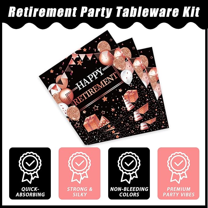 96 Pcs Retirement Party Plates and Napkins Set, Rose Gold Happy Retirement Party Supplies Decorations for Women Going Away Party Disposable Dinnerware Set, Serves 24