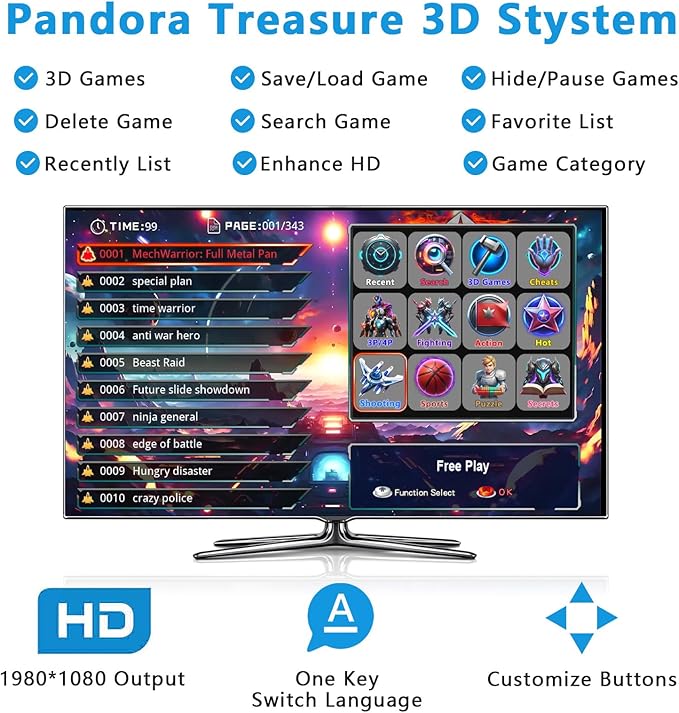 FVBADE [32000 Games in 1 78S Pandora Box Arcade Game Console for PC & Projector & TV,3D Games 1-4 Players Double Joystick Favorite List Game Category Save/Search/Hide/Pause