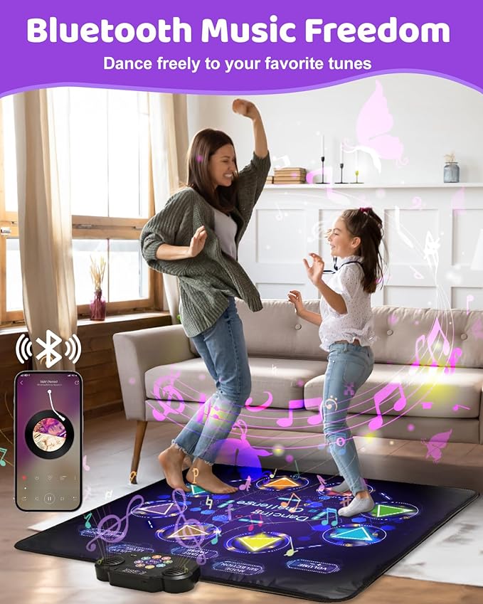 Dance Mat Toys for Kids: LED Light-Up 8-Button Dance Pad with Adjustable Volume, Rechargeable, Bluetooth Function, Built-in Music, 8 Modes & 3 Difficulty Levels, Xmas Gifts for Kids Ages 3-12