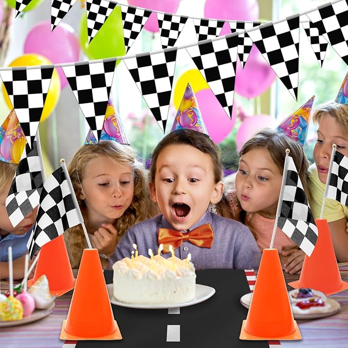 Windspeed Race Car Party Supplies, 38 Pcs Set: 24 Checkered Flags, 12 Mini Traffic Cones, 6.5Ft Racetrack Mat, 9.8Ft Hanging Flag, Birthday Decorations