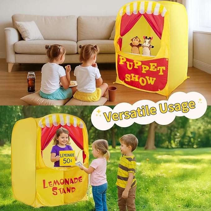 Alvantor® Pop Up Puppet Show Theater & Lemonade Stand, Pretend Playhouse Kids Tent, Puppet Stage Tabletop Sets for Toddlers Curtain Fordable, Indoor & Outdoor Children Drama 29"X29"X43"H, 1 pc