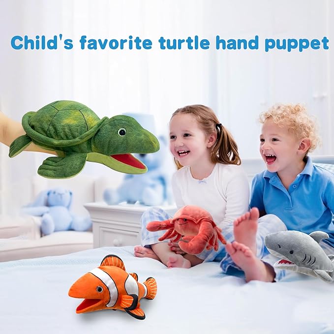 Hand Puppet Turtle Puppet,13" Sea Turtle Animal Puppets for Kids Realistic Plush Puppet Stuffed Turtl e Toys, Hand Puppet with Moveable Mouth Puppet Role Play Teaching