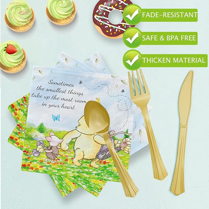 175pcs Vintage Winnie Bear Baby Shower Pooh Decorations Birthday Party Supplies Tableware Set (25 Guest)With Paper Plates Cups Napkins Cutlery for Boy Girl Newborn Birthday Party Dinnerware Decoration