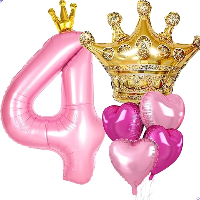 Princess 4th Birthday Party Decorations, 40 inch Large Pink Crown 4 Balloon for Girls’ Princess Royal Birthday Decorations, Party Supplies Favors, Anniversaries(Number 4 Foil Mylar Birthday Balloon)