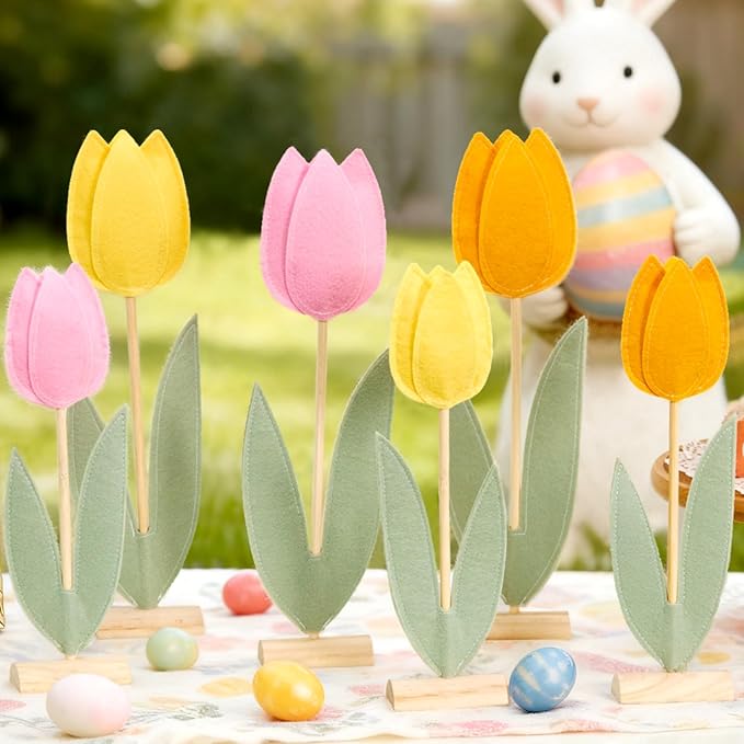 SUNBEAUTY 6Pcs Spring Tulips Flower Table Decoration Easter Tulip Felt Centerpiece Pink Yellow Orange Tulips Floral Tabletop Signs for Easter Garden Birthday Home Party Mothers Day Decor