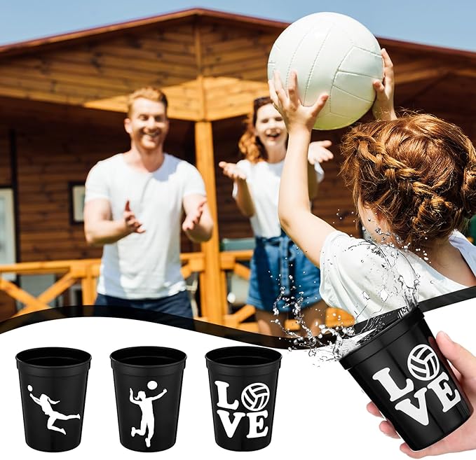 Zhehao 30 Pcs Sport Ball Plastic Cups Hockey Football Basketball Plastic Reusable Drink Cups Bulk 16 oz Stadium Tumbler Stackable Sports Tumbler for Sport Party Supplies(Volleyball,Black)