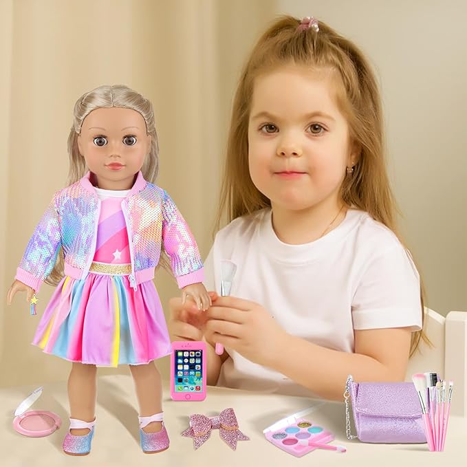 UNICORN ELEMENT American 18 Inch Doll Makeup Accessories and Clothes,Sequin Backpack Set for 18" Dolls Include Skirt Bracelet Hair Clip Phone and Makeup Sets（No Doll and Shoes