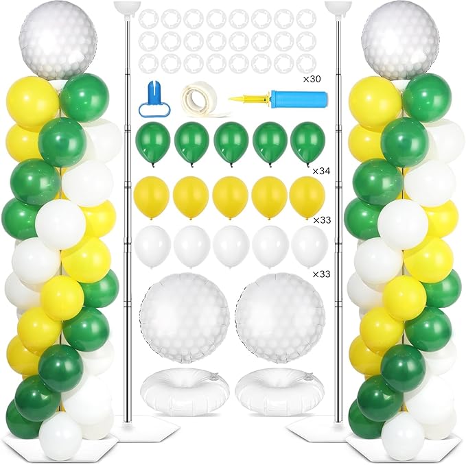 2 Sets Golf Ball Balloon Column Stand Kit with 102 Balloons Sport Themed 5.57ft Adjustable Balloon Tower Stand with Bases Golf Ball Balloons Arch Column for Men Retirement Birthday Party Supplies