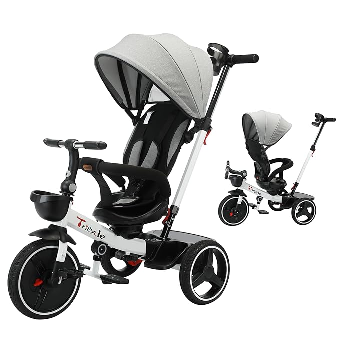 UBRAVOO Baby Tricycle,6-in-1 Baby Push Bike Steer Stroller,Learning Toddler Bike/Detachable Guardrail,Adjustable Canopy,Safety Harness,Folding Pedal,Storage Basket,Brake,Shock Absorption