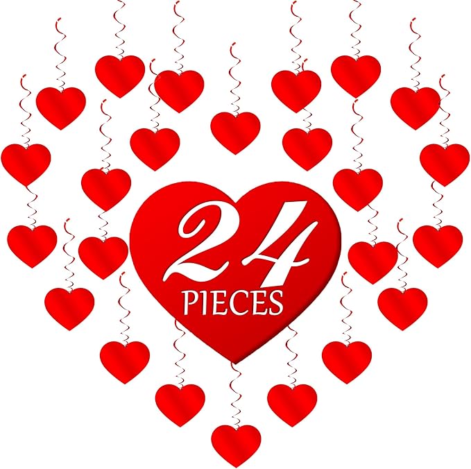 Red Heart Hanging Swirls, 24Pcs Foil Love Heart Ceiling Streamer for Valentines Galentines Decorations Bridal Shower Engagement Wedding Party Suppies