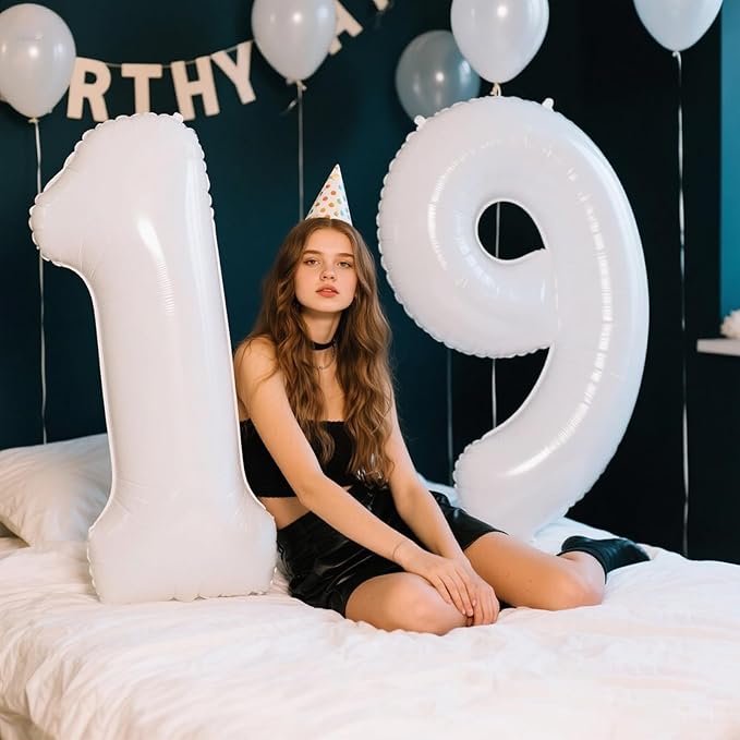 40 Inch White Number 19 Digital Balloon,Jumbo Mylar Foil Helium Balloon for 19 Balloons for Birthday Party,Wedding Anniversary Party Decorations