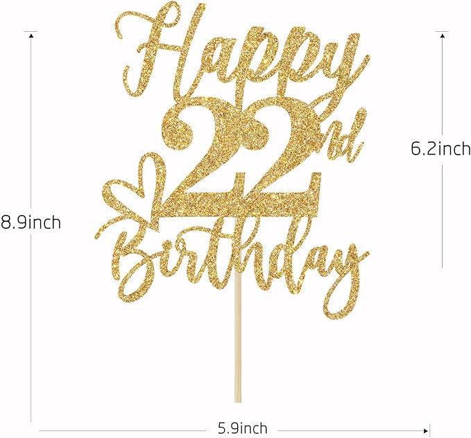 Gold Glitter Happy Birthday Cake Topper, Funny 22nd Birthday Party Supplies