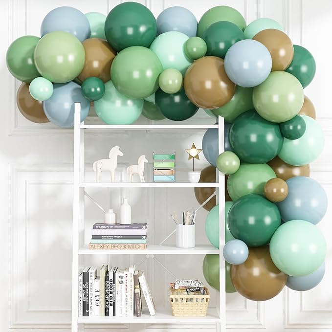 Blue Green Brown Balloons, 12 Inch Sage Pastel Green Balloon Dusty Blue Balloon for Dinosaur Woodland, Jungle Theme Birthday, Dino Baby Shower Decorations