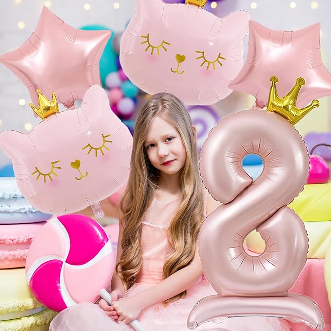 Pink Cat Balloon Set, Crown Cat Foil Balloon, 8 Year Old Girl Birthday Party Decoration, Cat Theme Party Decoration, Theme Party Supplies for Girls Kitten Pet Cat (8)