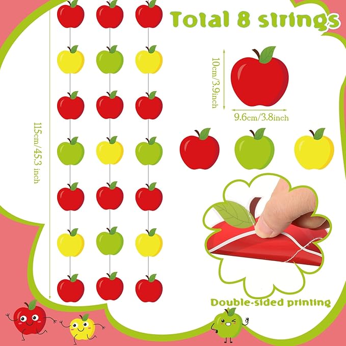 8 Pcs Apple Classroom Decorations Red Apples Garland Banner Back to School Apple Paper Cutouts Hanging Decor for Home Chalkboard First Day of School Party Supplies