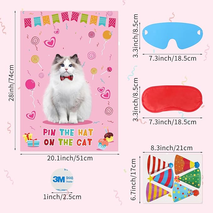 Hooqict Pin The Hat On The Cat Party Game Cat Birthday Party Games for Kids, Cat Birthday Party Supplies Decorations for Girls Boys, Large Pin The Tail Poster with 54 Hat Stickers
