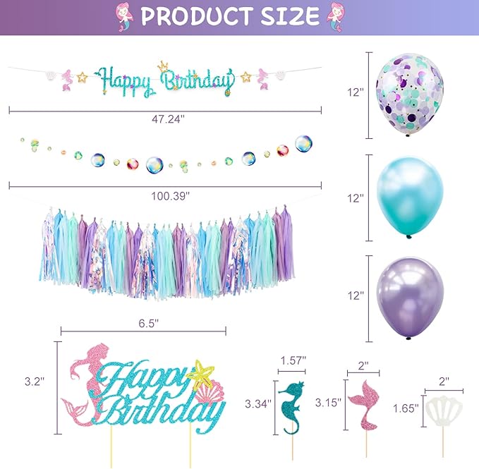 Mermaid Birthday Party Decorations Supplies Banner Tassel Garland Bubble Garland Hanging Jelly Fish Paper Lanterns Balloons Cake Topper Mermaid Happy Birthday Decorations for Women