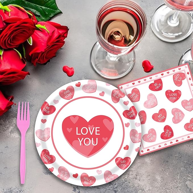 96 Pieces Valentine’s Day Tableware Set – Red and Pink Heart Message Disposable Plates, Napkins, Forks For Valentine’s Parties, Weddings, Anniversaries, Romantic Dinners – Serves 24 Guests