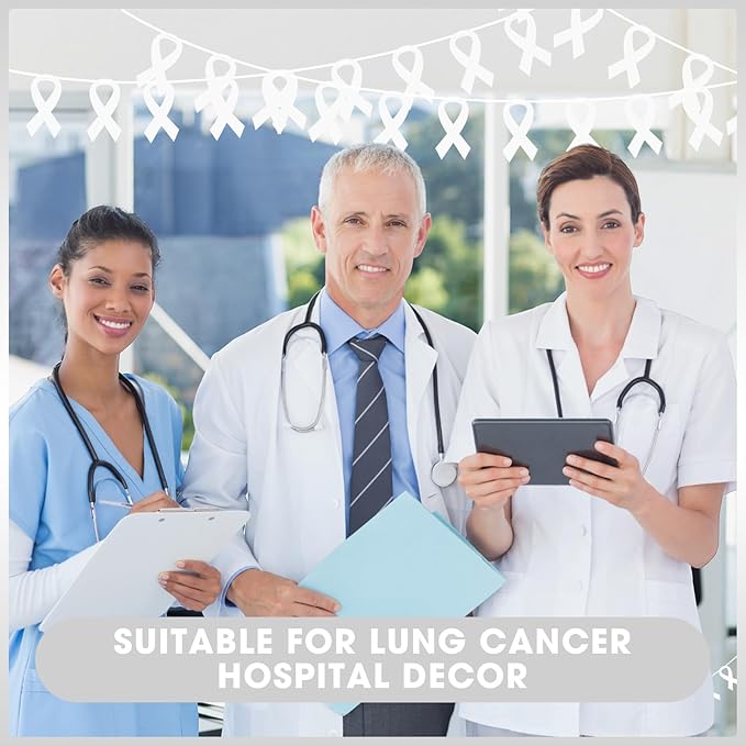 VitalCozy 10 Pcs Ribbon Awareness Banner 13.1 ft Ribbon Garland Cancer Awareness Decor Cancer Free Decorations for Society Events Groups Fundraisers Party Supplies (White)